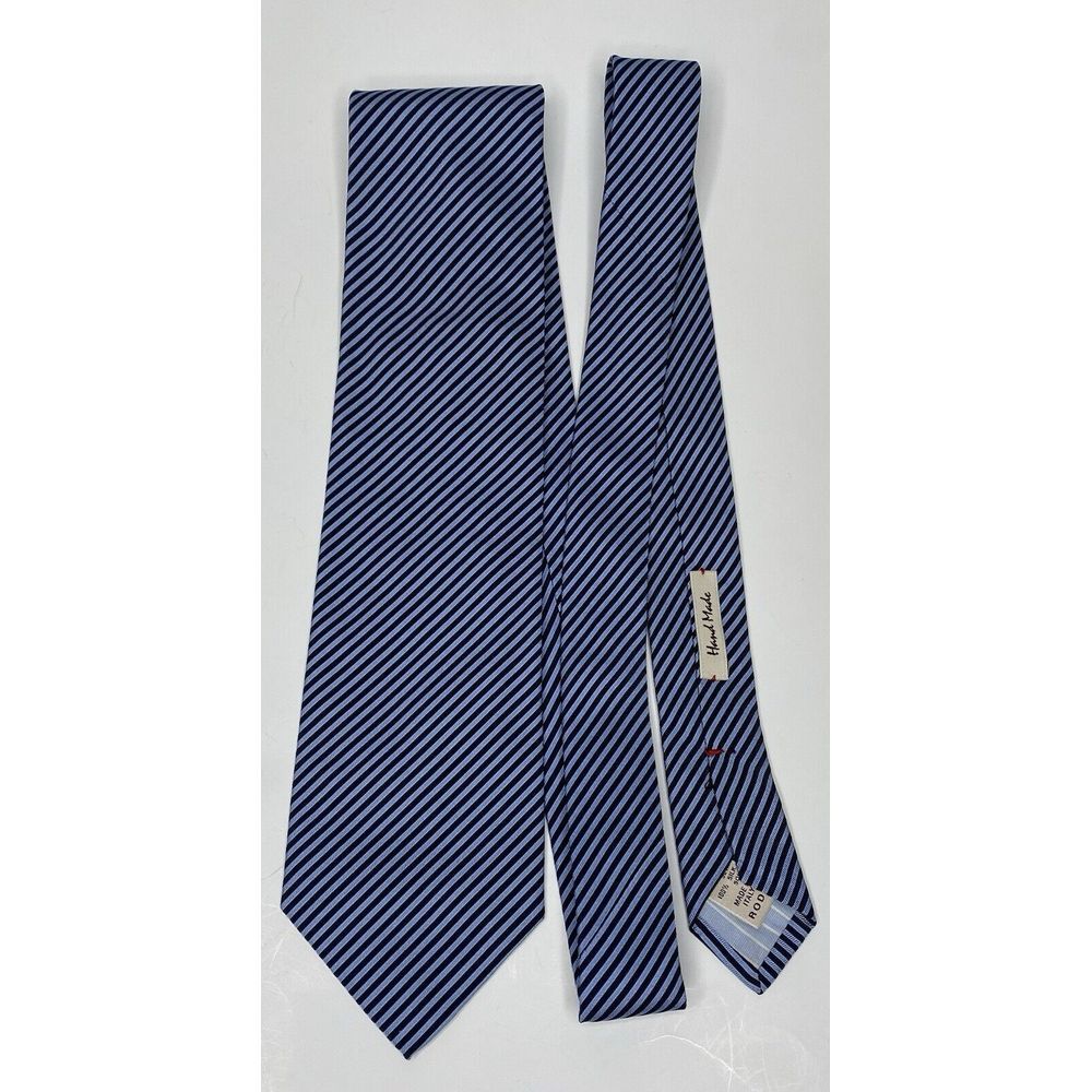 Roda Mens Neck Tie 100%‎ Silk Light Blue Navy Blue Stripes Handmade